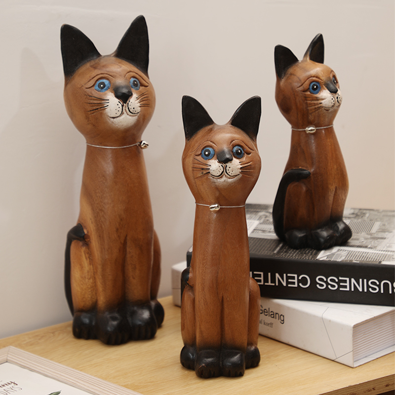 异丽泰国实木工艺品创意猫咪摆件客厅电视柜暹罗猫家居桌面装饰品