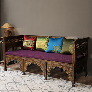 全实木沙发组合泰式 复古禅意泰国老榆木雕花家具 异丽东南亚风格