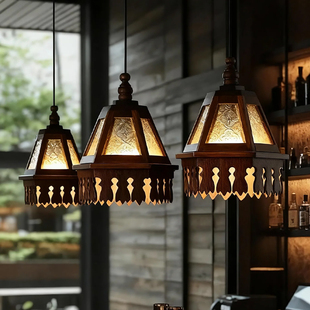 东南亚风格 餐厅茶室吧台阳台复古氛围实木吊灯玻璃床头灯 灯具泰式