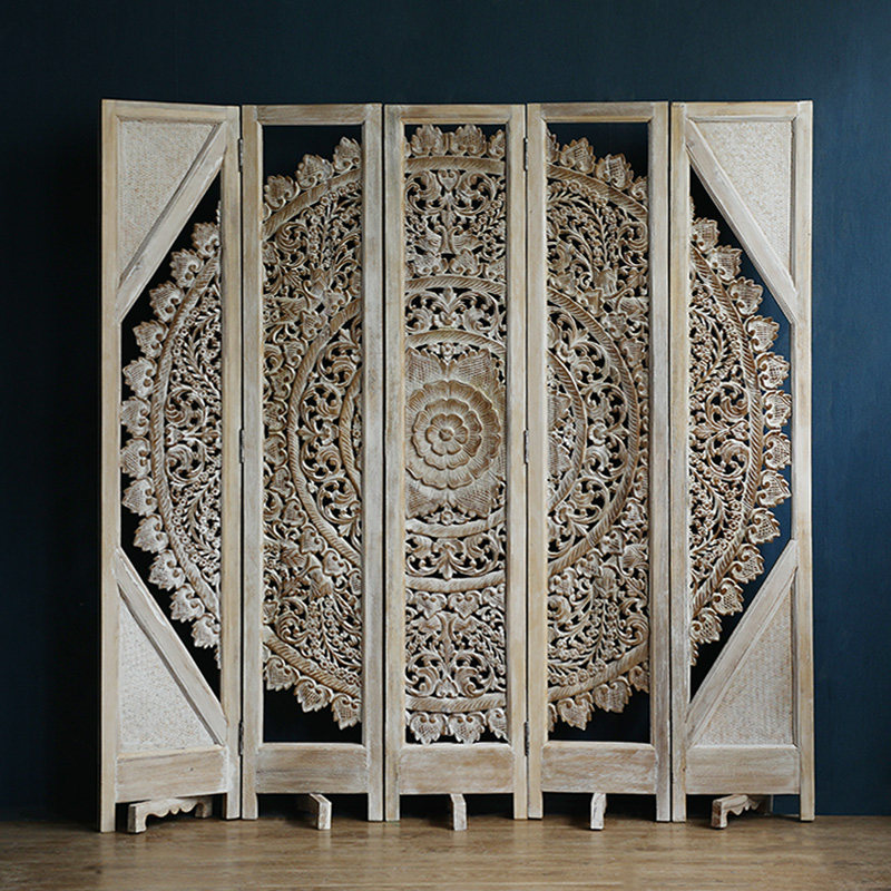 现代简约风格实木雕花移动折屏客厅玄关装饰隔断复古单面折叠屏风