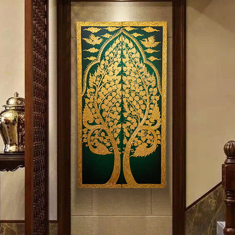 异丽东南亚客厅手绘金箔装饰画餐厅禅意挂画玄关楼梯过道菩提壁画图片