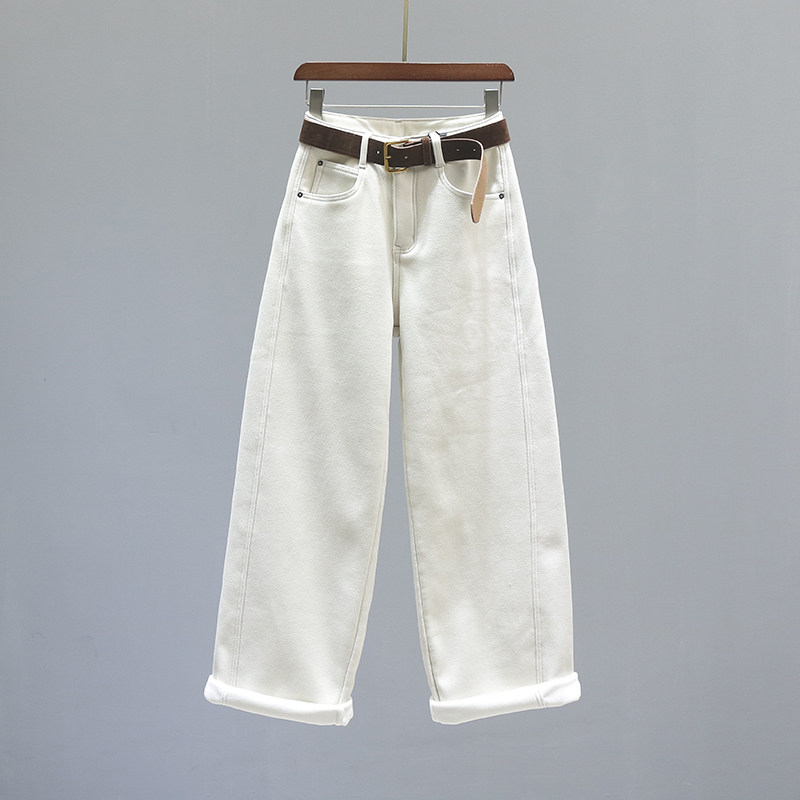 杏色高腰直筒牛仔裤女2025秋冬新款欧货加绒加厚宽松休闲阔腿裤子,女装/女士精品,牛仔裤,淘宝优惠券,粉丝福利购,淘宝优惠卷