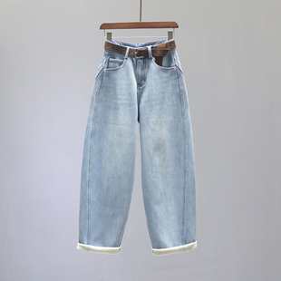 子 秋冬加绒加厚休闲阔腿哈伦裤 复古浅蓝色高腰老爹牛仔裤 女弯刀裤