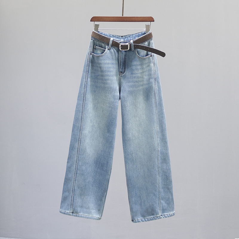 浅蓝色高腰直筒牛仔裤女2025秋冬新款加绒加厚宽松休闲弯刀阔腿裤