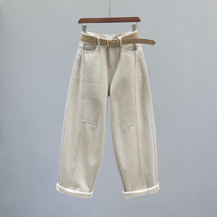 2025冬加绒加厚宽松休闲阔腿镰刀裤 奶茶色高腰老爹牛仔裤 女弯刀裤