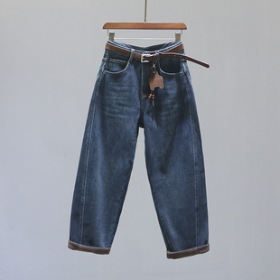 子 加绒加厚宽松休闲老爹弯刀裤 复古高腰哈伦牛仔裤 女2025秋冬新款