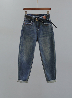 复古高腰哈伦牛仔裤女2025秋冬薄绒欧货小脚宽松休闲老爹萝卜裤子