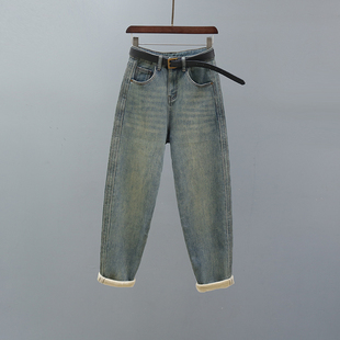 加绒加厚宽松休闲萝卜裤 复古浅蓝色高腰哈伦牛仔裤 女2025秋冬新款