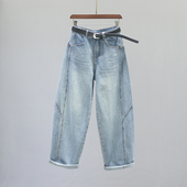 女复古拼接宽松休闲老爹阔腿香蕉裤 高腰弯刀牛仔裤 子 新款 2026春季