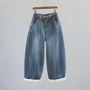 复古高腰弯刀牛仔裤 子 女2025秋冬加绒加厚宽松休闲阔腿老爹香蕉裤