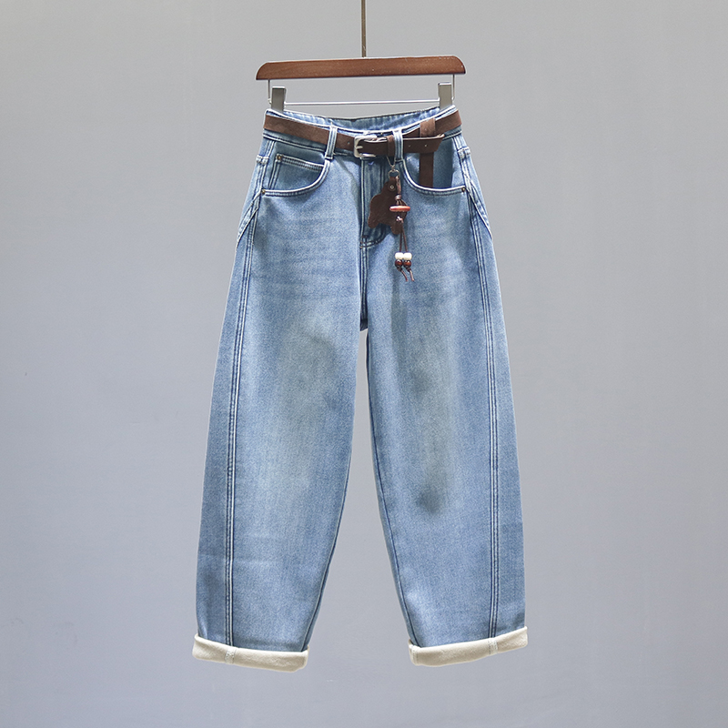 浅蓝色高腰老爹牛仔裤女秋冬加绒加厚弯刀裤宽松休闲哈伦镰刀裤子