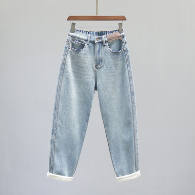 浅蓝色半松紧腰哈伦牛仔裤萝卜裤