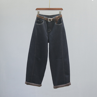 深蓝色高腰老爹牛仔女弯刀裤 2025秋冬加绒加厚宽松休闲阔腿香蕉裤