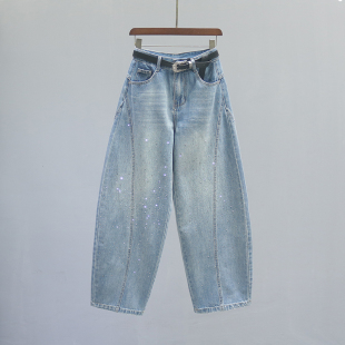 重工烫钻宽松休闲老爹阔腿镰刀裤 新款 子 女2026春季 高腰弯刀牛仔裤