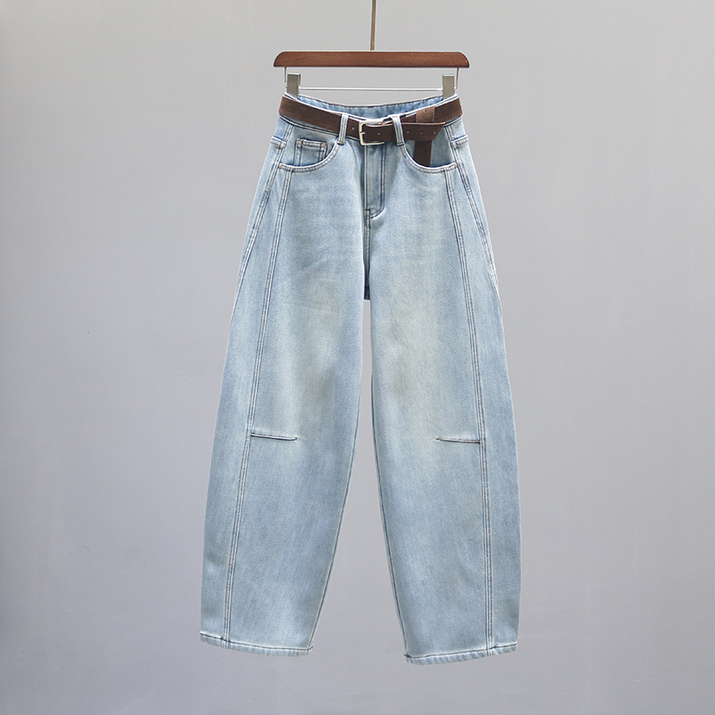复古浅蓝色高腰弯刀牛仔裤女秋冬加绒加厚宽松休闲老爹阔腿镰刀裤