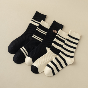 5双黑白条纹袜子女中筒袜春秋纯棉透气防臭长袜高腰配芭比裤 ins潮