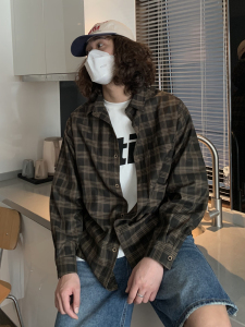 UPDAYWANG 日系复古vintage格子长袖衬衫男 百搭情侣宽松衬衣潮