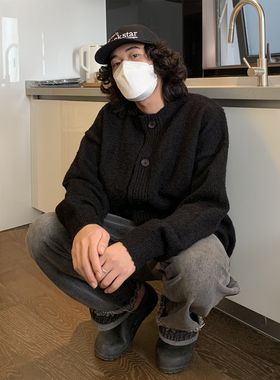 UPDAYWANG彩棉街头潮流情侣开衫 简约基础款男毛衣 复古宽松外套