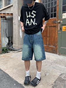 UPDAYWANG 基础款复古水洗牛仔五分裤男 宽松情侣百搭短裤 牛仔裤