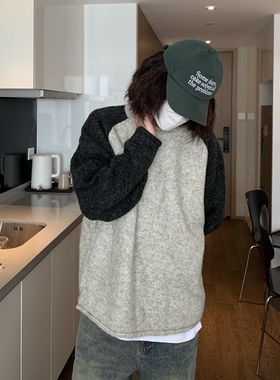 UPDAYWANG 含羊毛 混纺撞色毛衣男 加厚慵懒感复古 情侣针织衫