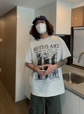 UPDAYWANG夏季新品三色罗马圣柱复古印花T恤270g厚实宽松短袖t恤