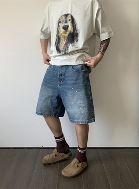 UPDAYWANG牛仔中裤 复古喷漆做旧感 磨破小众设计牛仔五分裤