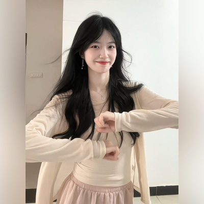胖东来杏色防晒针织开衫薄款外套女罩衫薄纱上衣吊带外搭显a0141