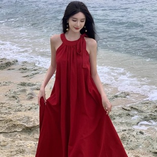 云南三亚海边度假氛 韩式 精美法式 度假风无袖 挂脖红色连衣裙女夏季