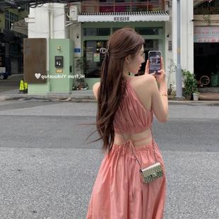 收腰气质海边度 韩式 精美法式 性感露背粉色挂脖吊带连衣裙女装 夏季