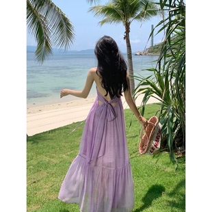韓式 海邊拍照連 精美度假風(fēng)吊帶裙子露背綁帶紫色碎花沙灘裙女夏季