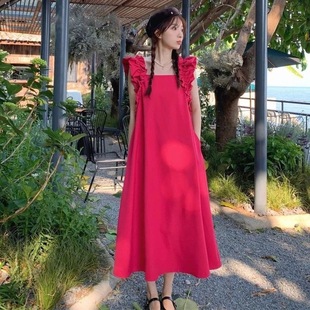 精美茶歇法式 韩式 复古玫红色方领木耳边连衣裙女小众海边度假风气
