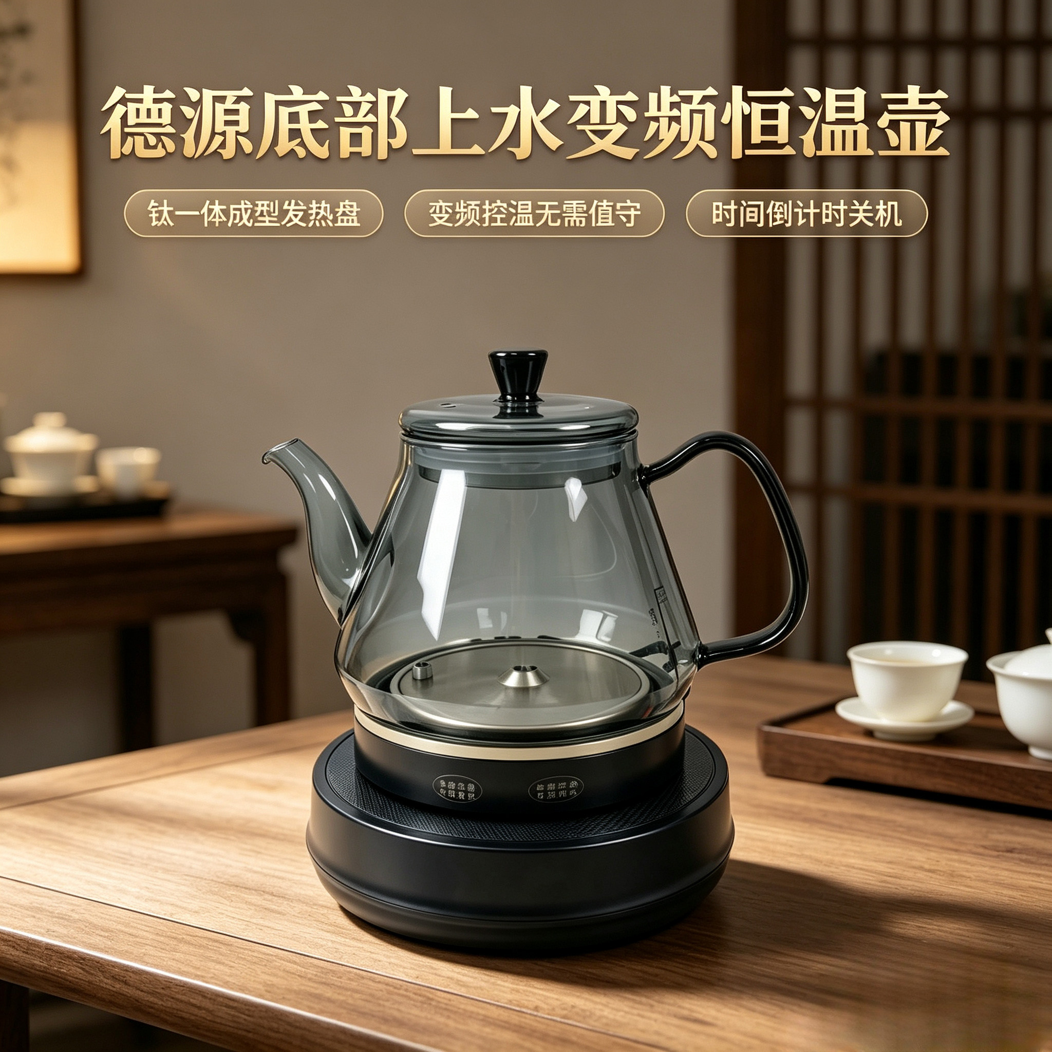 德源智能全自动玻璃电热烧水壶底部上水煮茶壶钛发热盘变频泡茶炉