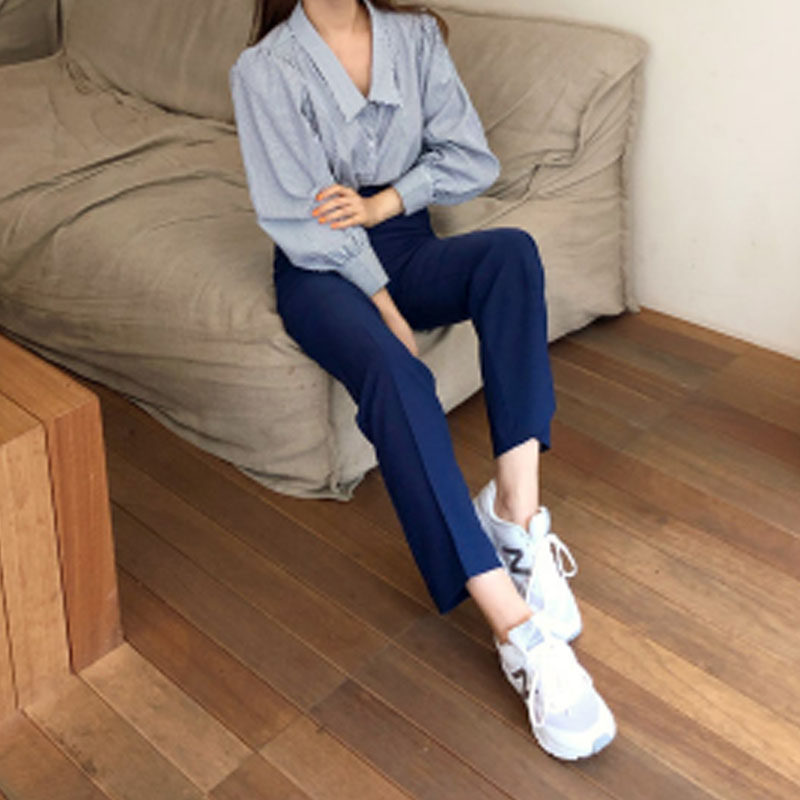 微喇叭长裤侧拉链韩版24春秋季新款chic裤子宝蓝色宽松显瘦直筒女