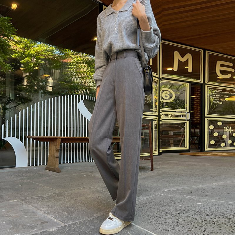 高腰韩版休闲灰色高腰直筒裤