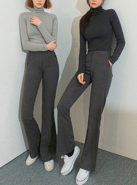 春秋新款韩版修身高腰微喇叭长裤百搭显瘦通勤加绒深灰色裤子女