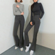 子女 春秋冬新款 高腰微喇叭长裤 韩版 百搭显瘦通勤加绒深灰色裤 修身