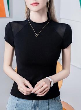 领纯色装恤女短袖网纱拼接小性感024夏季1022382新款基础女洋气上