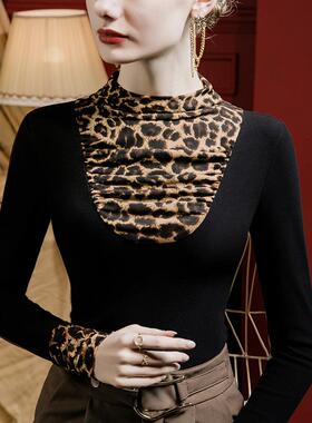 秋豹纹接高领德绒打半底衫女修拼身2023冬厚101888款洋气冬季内搭