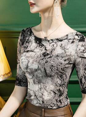 夏季亮丝恤女分袖25323修身淑女印花02早秋新款五内搭中袖2打底衫