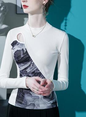 立镂空印花拼接上衣女100652洋设气修身202春季领新款3计感恤长袖