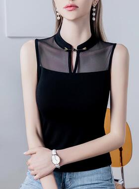 盘扣立领102233莫代恤女无袖2024季新款纱拼接网辣夏妹风女尔装背
