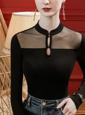 磨毛立网拼接洋气恤女101527修身2023秋季新洋款镂领空气黑纱色打
