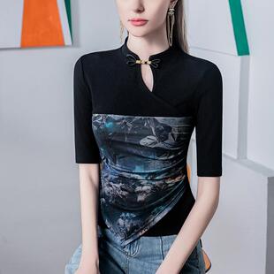 中式旗盘袍立恤女五分2024夏102272季新款领扣印花拼接中袖女装袖