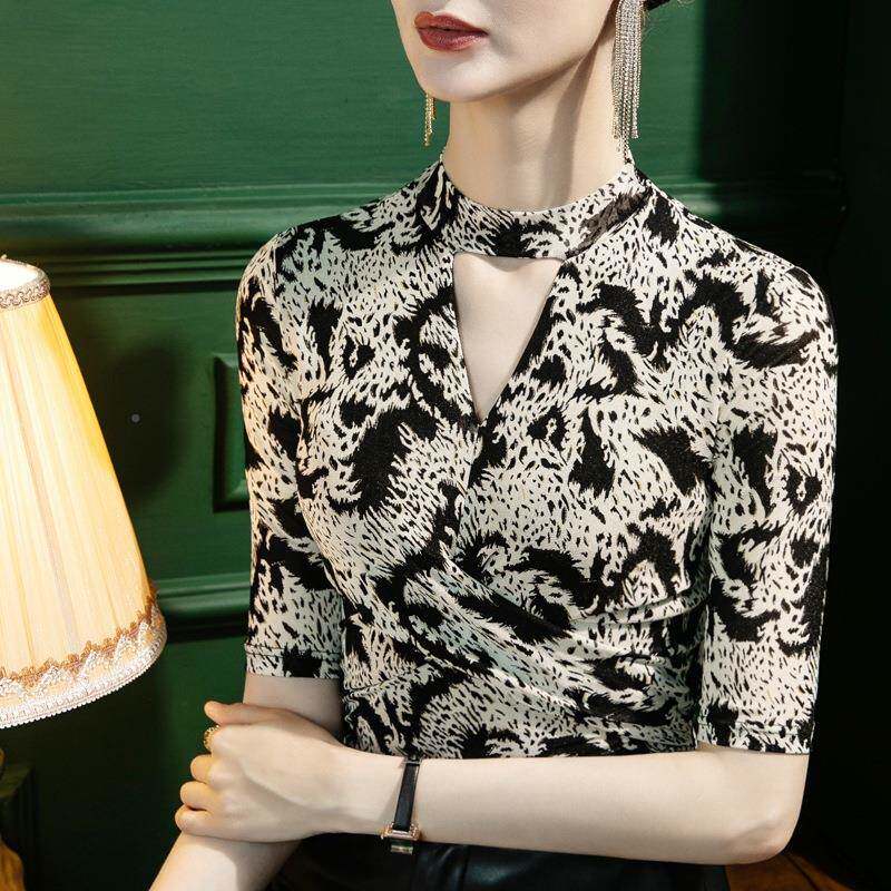 2022秋高季新款半领空网纱打底衫5459女修五分袖立领碎花身镂中袖