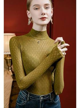 半高领烫钻重工蕾丝底女修101573身2023秋打季新款内洋搭衫格子气