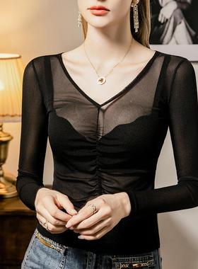 上网纱领打衫102703女修冬身透视底2024秋内搭褶皱女装性感衣长袖