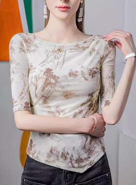 水墨印花102535一装字领网纱款恤女五分袖2024夏新女褶皱中季袖上