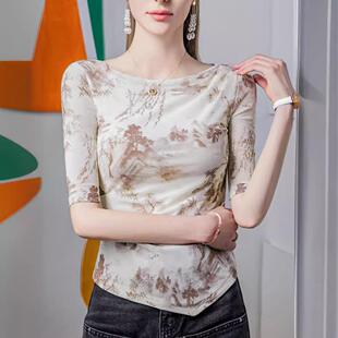 袖 水墨印花102535一装 2024夏新女褶皱中季 恤女五分袖 上 字领网纱款