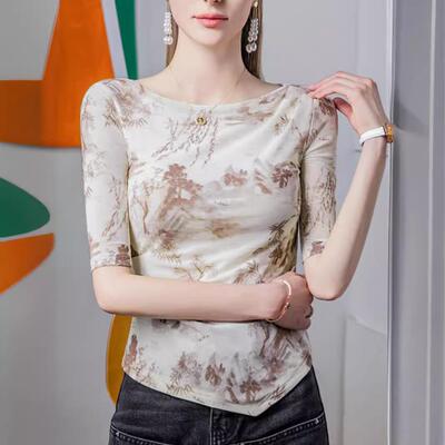 水墨印花102535一装字领网纱款恤女五分袖2024夏新女褶皱中季袖上