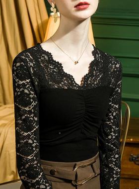 丝拼接领打蕾底衫磨冬毛修身2022女秋性感内搭洋100133气长袖恤小